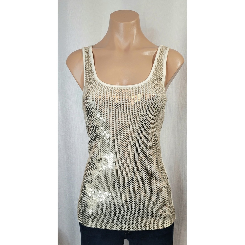 Express Y2k Off White Tank Top Gold Sequin Accent Round Neck Tunic Top Sz S